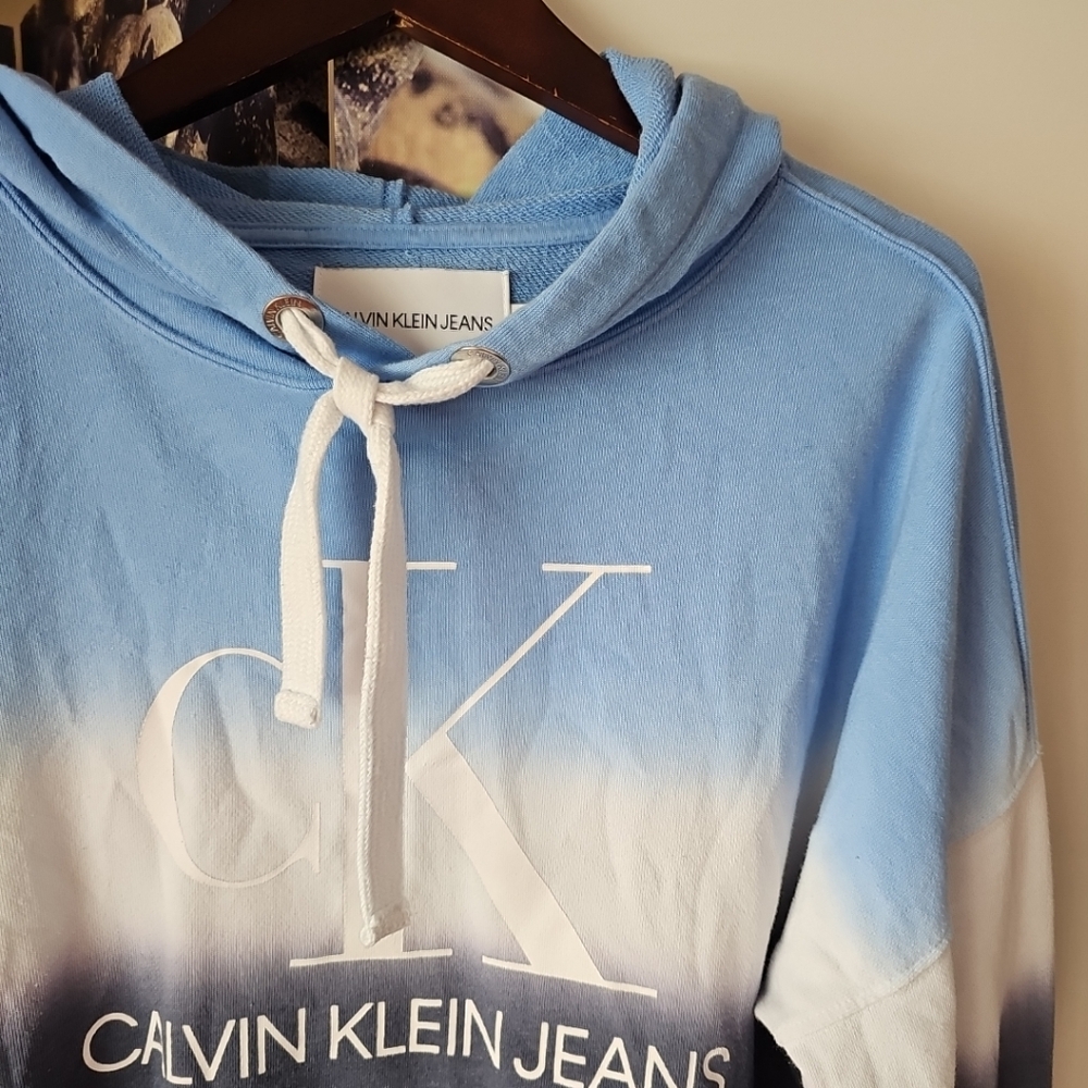 CALVIN KLEIN Women's Blue Ombre LOGO Long‎ Sleeve Pullover Hoodie Sweater Size L - Picture 2 of 5
